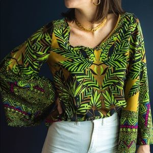 Pink Owl Tropical Tribal Blouse Wide Bell Sleeves